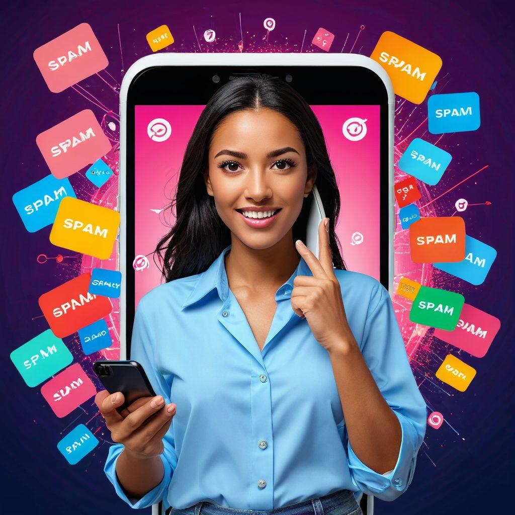 A dynamic composition featuring a person confidently rejecting spam calls on a smartphone, surrounded by visual representations of spam notifications like exclamation marks and crossed-out numbers. The background showcases a modern, digital-themed cityscape to symbolize technology. Include a shield emblem to symbolize protection against spam. The color palette should be vibrant and engaging, conveying a sense of empowerment and vigilance. super-realistic. vibrant colors. digital art.