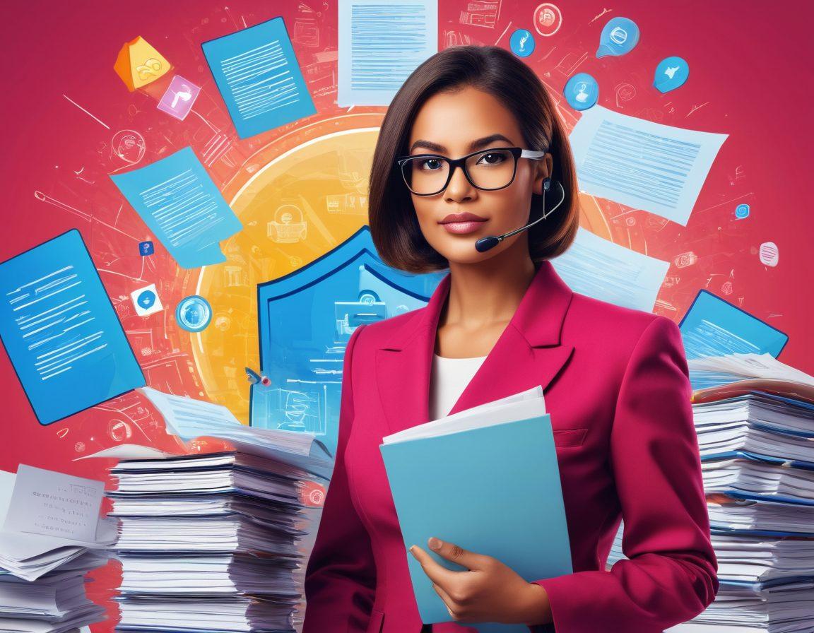 A confident individual standing against a backdrop of legal documents and telemarketing icons, emphasizing consumer rights. Surrounding them are symbols representing anti-spam measures, such as a shield, a crossed-out spam symbol, and telephones. The scene is vibrant and empowering, conveying a sense of strength and knowledge. The color palette is bright and engaging, capturing the essence of empowerment in consumer rights. vector art. vibrant colors.